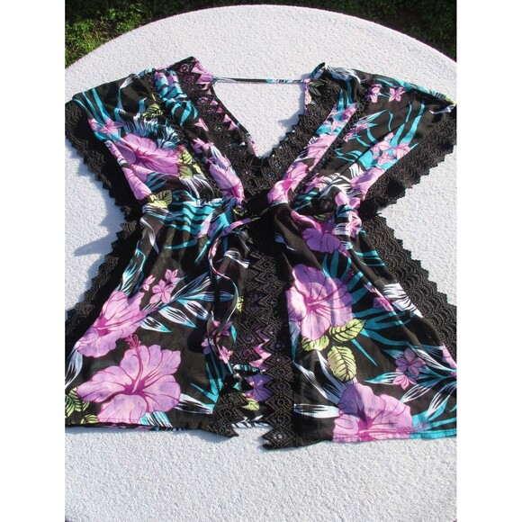 Miken Swim Kimono Cover Up Women's Med Black Floral Lace-Inset Tie-Front Sheer - Picture 15 of 16